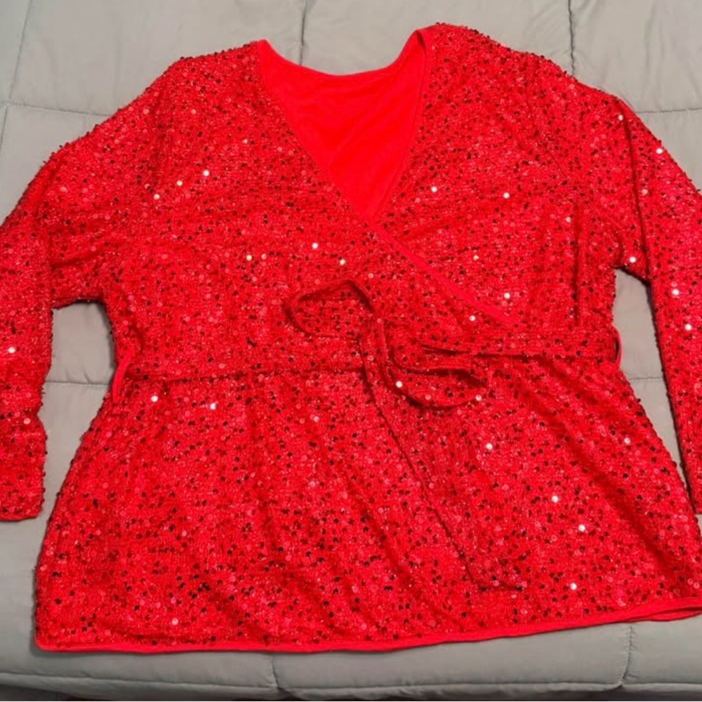 Red Sequin Wrap Top – Size 2XL